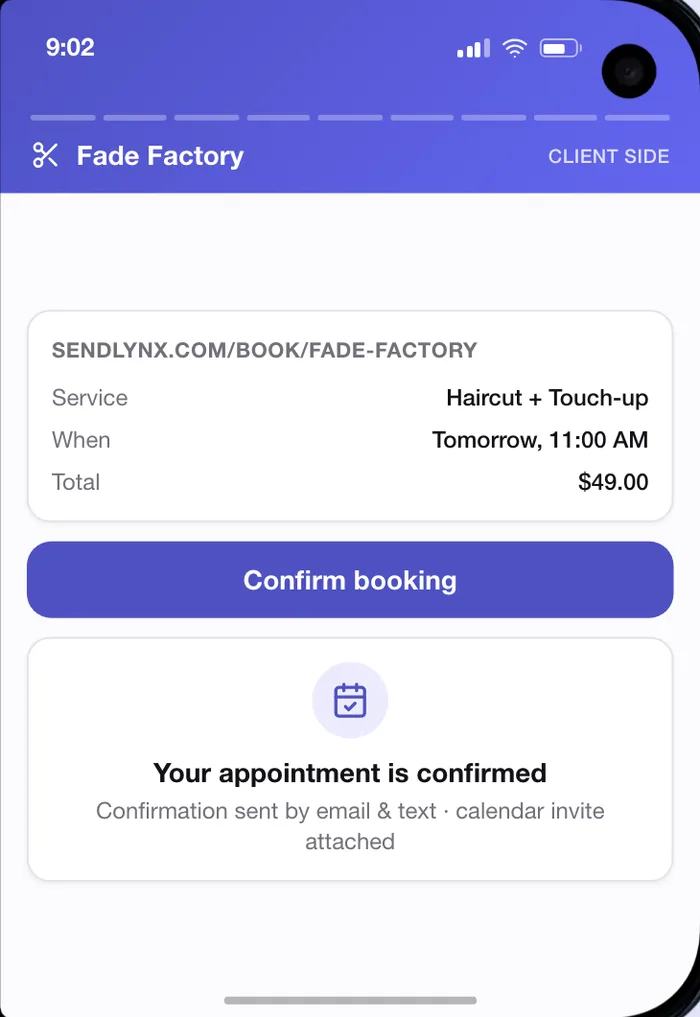 Client's phone: Fade Factory booking page, Haircut and Touch-up, tomorrow 11:00 AM, $49, Confirm booking, your appointment is confirmed