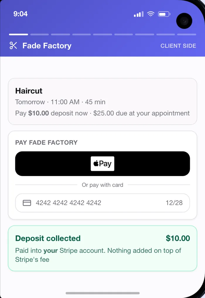 Client's phone: Pay Fade Factory, Apple Pay, $10 deposit now and $25 due at your appointment, deposit collected, paid into your Stripe account, nothing added on top of Stripe's fee