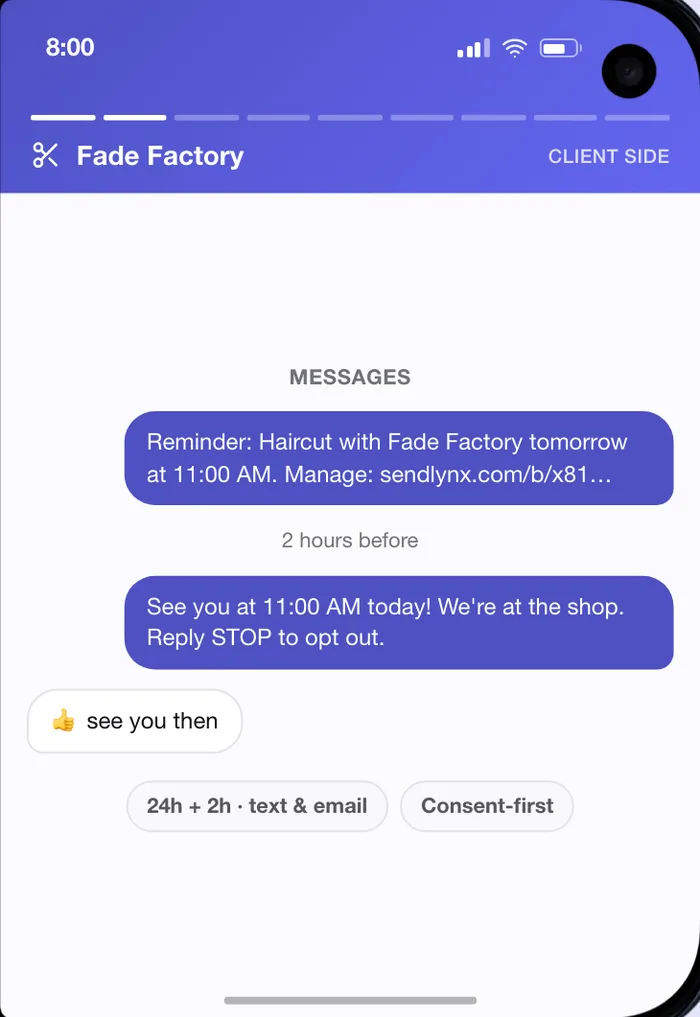 Client's phone, Messages: reminder, Haircut with Fade Factory tomorrow at 11:00 AM; two hours before, see you at 11:00 today, we're at the shop, reply STOP to opt out