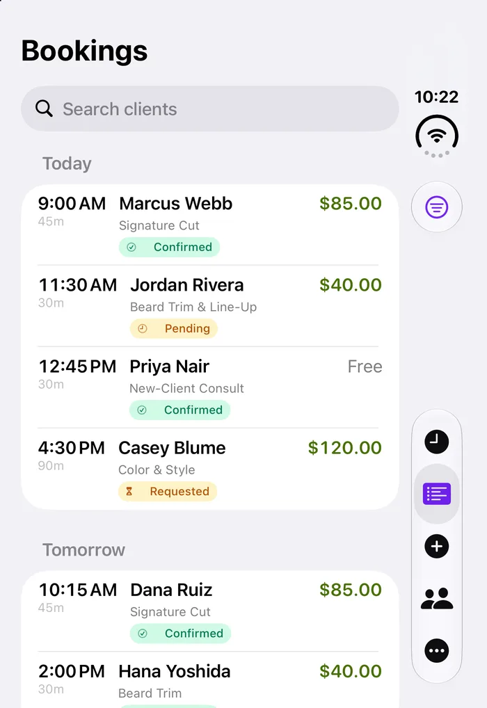 SendLynx iPhone app, Bookings: today's list with Confirmed, Pending and Requested statuses, then tomorrow