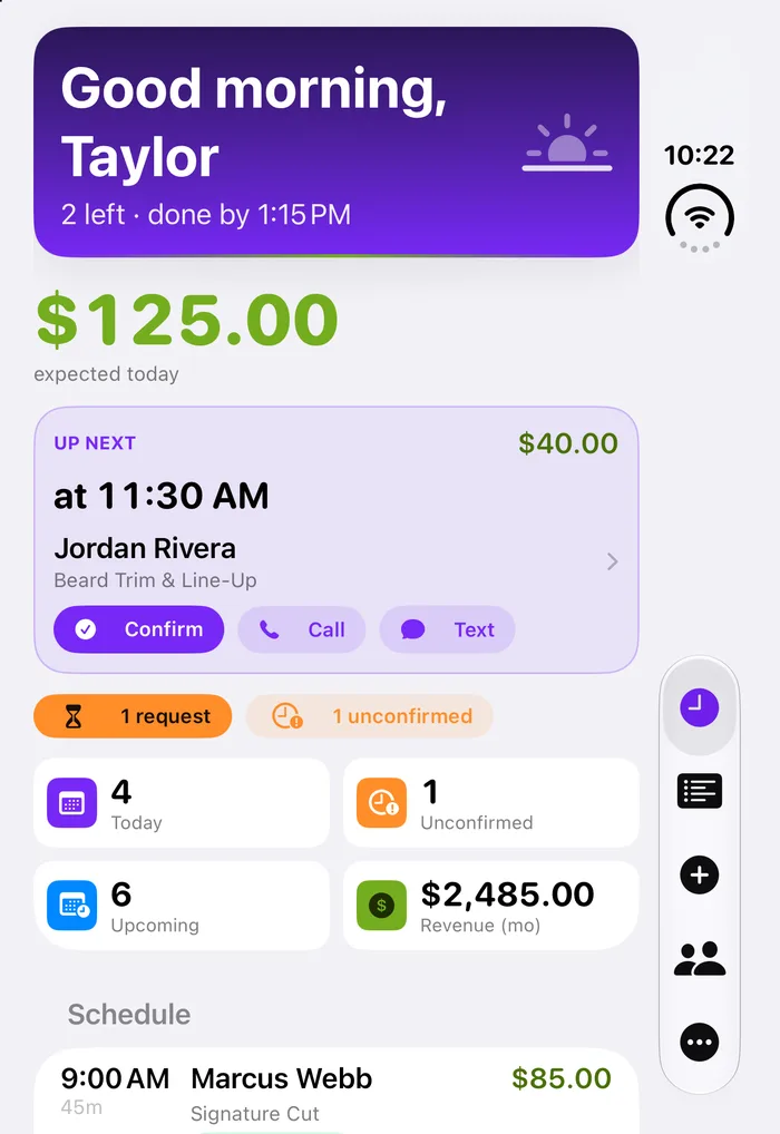 The SendLynx iPhone app, Today screen: good morning, 2 left, done by 1:15 PM, $125.00 expected today, up next at 11:30 AM with Confirm, Call and Text buttons